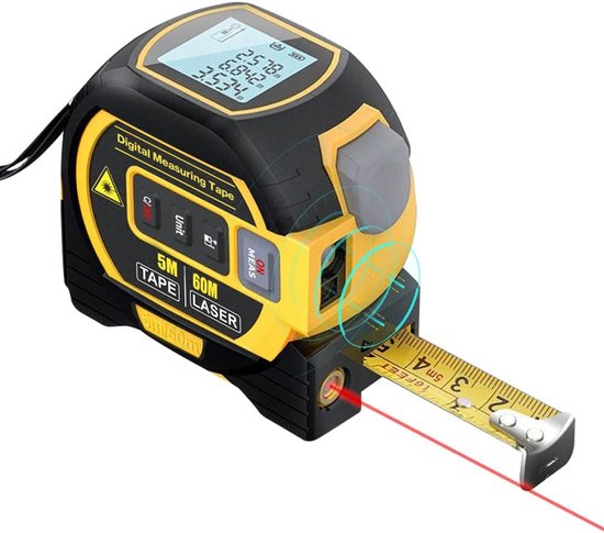 Rolmaat - Afstandsmeter - 60 meter - Rolmaten - Multifunctionele Digitale Laser - Meetlint met Laser - 3-in-1 - Afstandsmeter - Elektronisch Metrische Systeem - 5 Meter Meetlint - Roestvrij - Afstandsmeter - Inclusief Display - Inclusief Batterijen