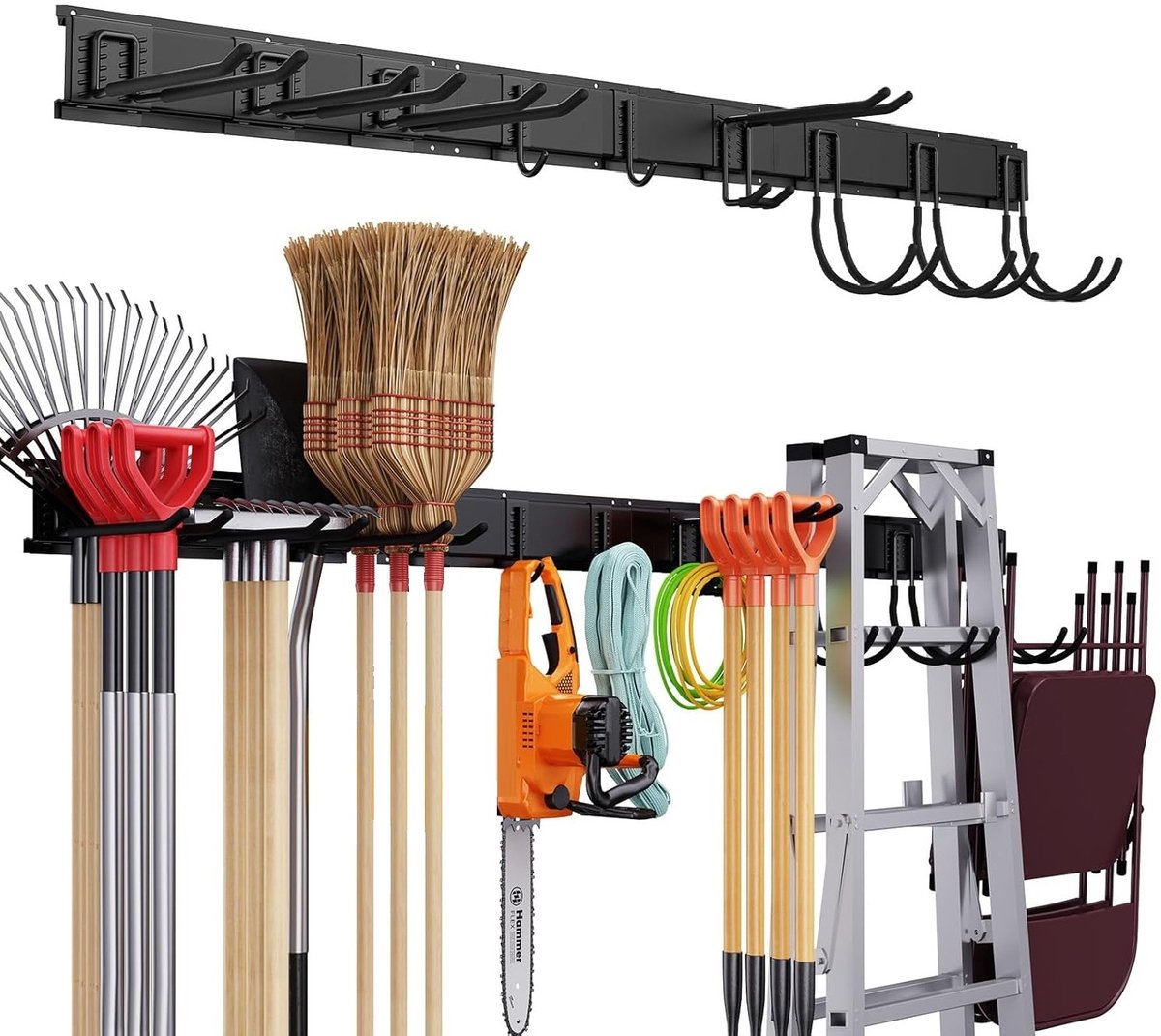 TOJ Gereedschapshouder - Bezemhouder - Tuingereedschap / Bezem Ophangsysteem - 3 Basisrails + 9 Haken - 120CM - Metaal - Mat Zwart