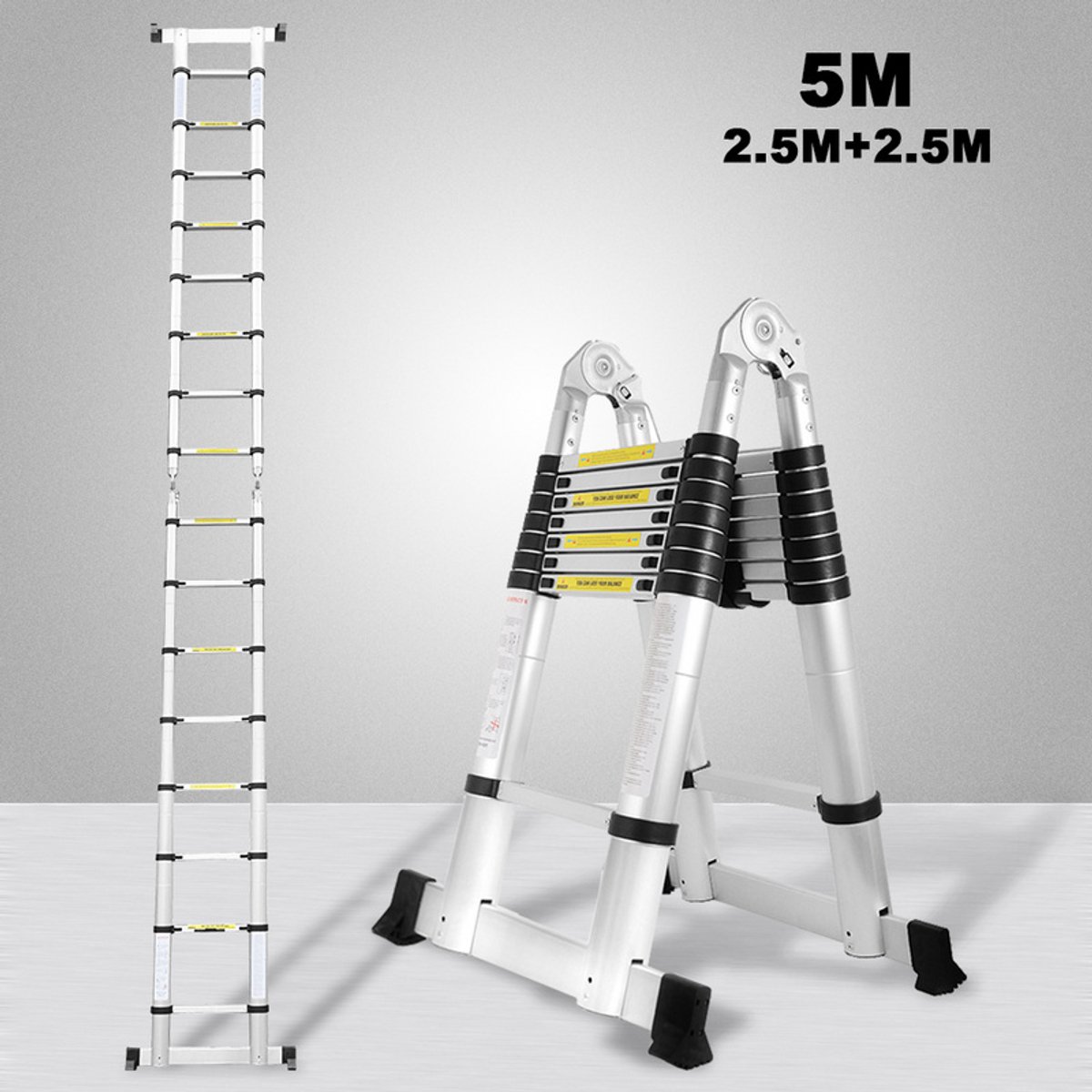 Telescopische Vouwladder - Telescopische Ladders - Soft Close - Werkhoogte 2,5m+2,5 m -zilver met stabilisator + wielen – foto 4