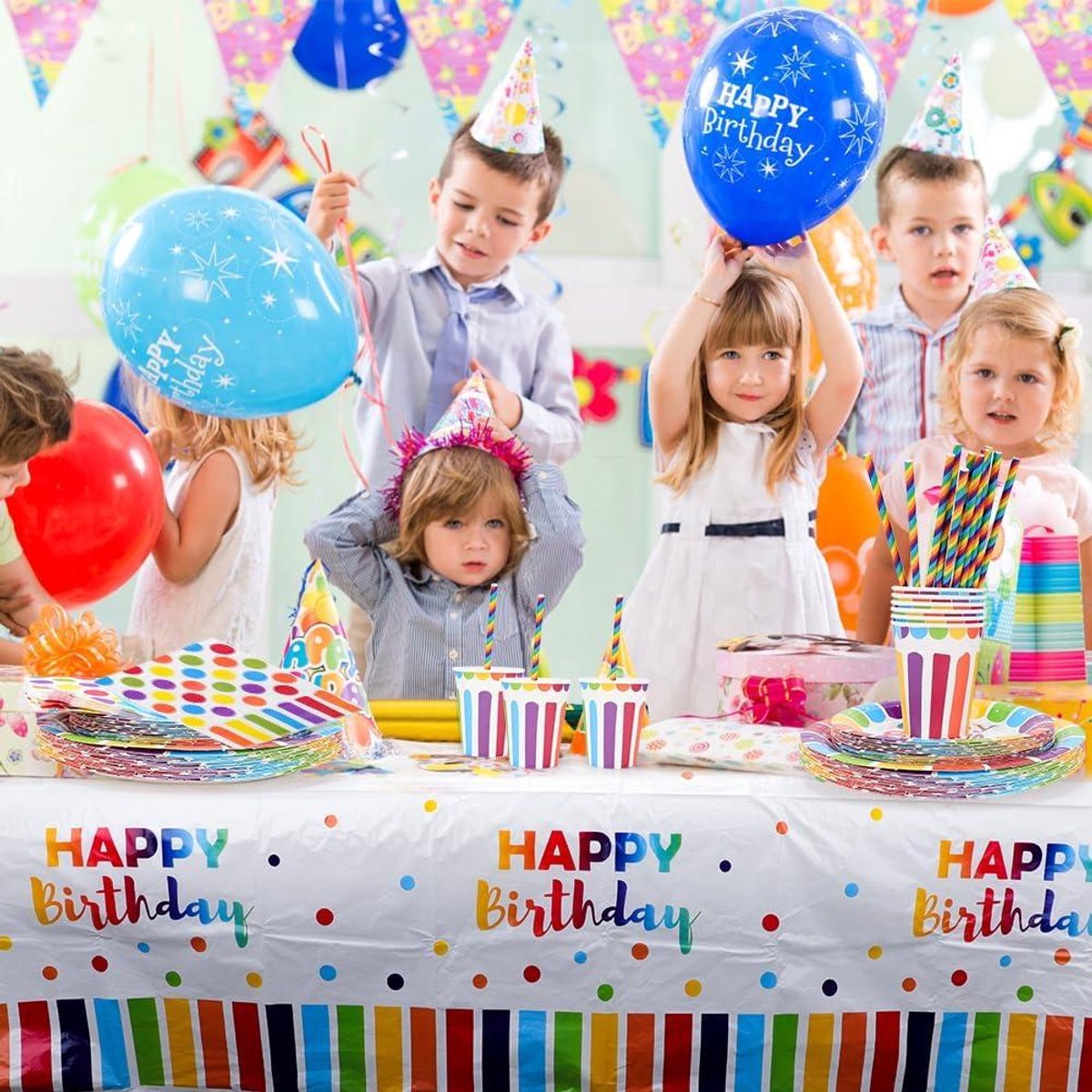 41 Stuks Verjaardag Serviesset Regenboog Decoratie Verjaardag Feest Servies Papieren Borden Set Kind Inclusief 10 7-Inch Dinerborden, 10 9-Inch Dinerborden, 20 Servetten En 1 Tafelkleed