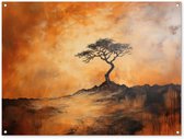 Tuinposter 120x90 cm - Tuindecoratie Boom - Landschap - Oranje - Poster voor in de tuin - Buiten decoratie - Schutting tuinschilderij - Tuindoek muurdecoratie - Wanddecoratie balkondoek