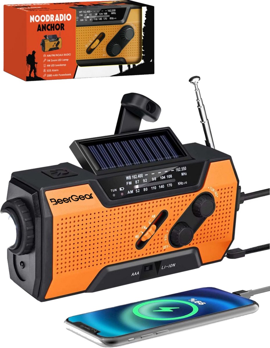 BeerGear Noodradio op batterij incl. 2000mAh powerbank - Draagbare Radio - Opwindbare Radio - Noodradio solar opwindbaar