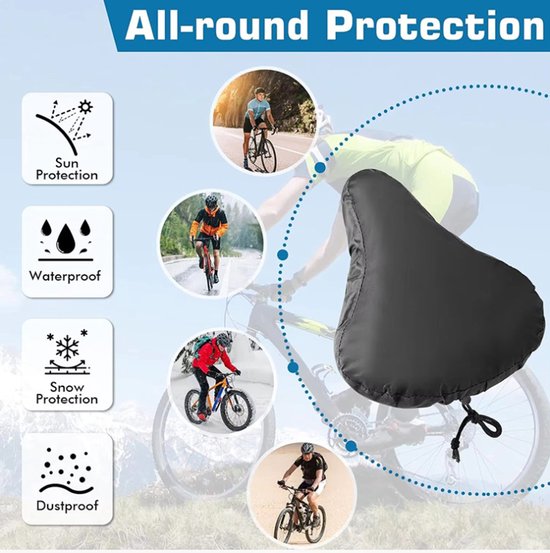 Zwarte, waterdichte fietshoes met de tekst 'All-round Protection'. Kleine afbeeldingen tonen bescherming tegen zon, water, sneeuw en stof.