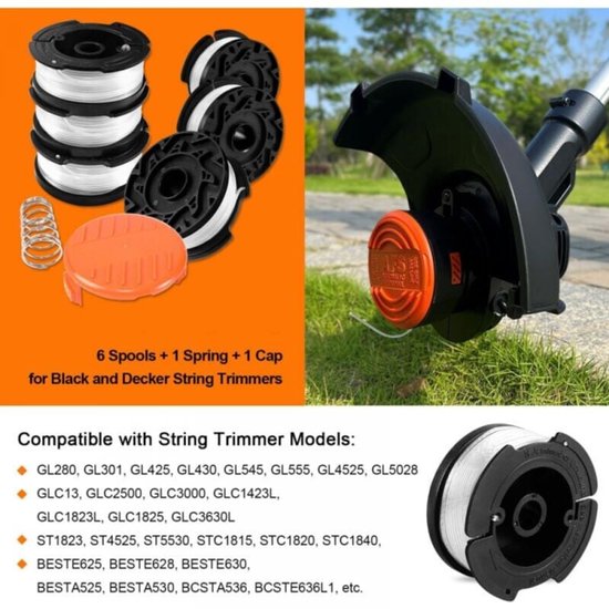 6 stuks trimmerdraadspoelen geschikt voor Black & Decker, Ø 1,65 mm met 9 m trimmerdraad, bevat 1 reserve spoelafdekking en 1 reserve veer van Merkloos	 — afbeelding 5