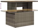 Grijze polyrotan salontafel met houten tafelblad, hoogte verstelbaar.