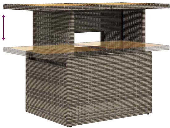 Grijze polyrotan salontafel met houten tafelblad, hoogte verstelbaar.