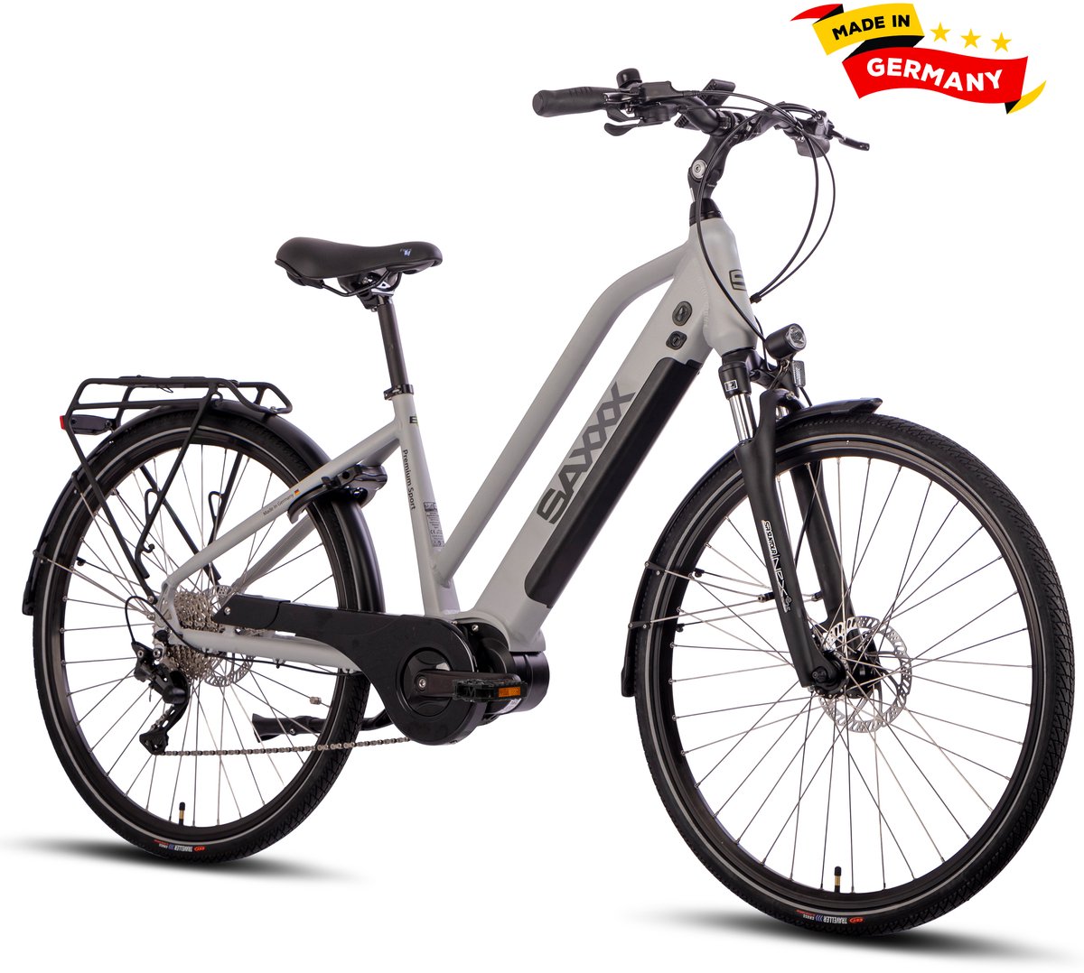 SAXXX PREMIUM SPORT TRAPEZ - Elektrische Fiets - 95% Vooraf Geassembleerd Stadsfiets - 522Wh Verwijderbare Accu - 100 km Actieradius - Middenmotor 250W - Shimano Deore 10-speed - 28" Wielen - Hydraulische Schijfremmen - zilver
