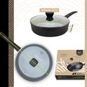 Zwarte hapjespan met deksel, diameter 28,8 cm, hoogte 13,8 cm, volume 3,6 L.