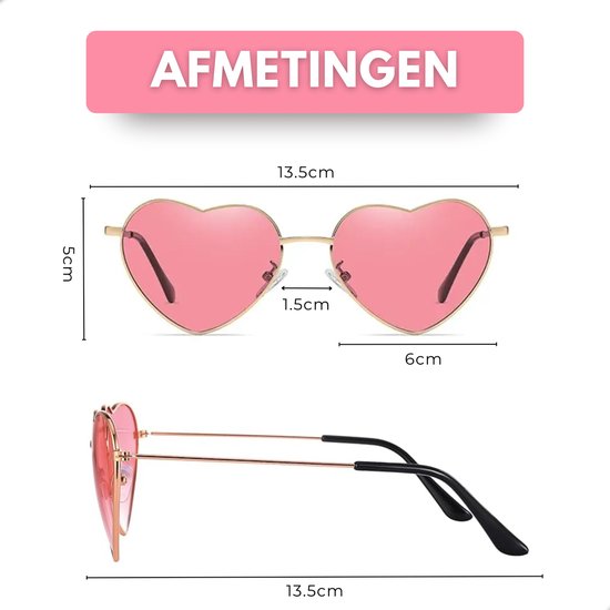 Afmetingen van de roze hartvormige zonnebril met gouden montuur: breedte 13.5cm, hoogte 5cm, neusbrug 1.5cm, glasbreedte 6cm.