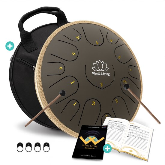World Living Handpan - 36 cm ø - Steel Tongue Drum - Hand Klankschaal incl. Lesboek, Standaard & Beschermtas - Hangdrum