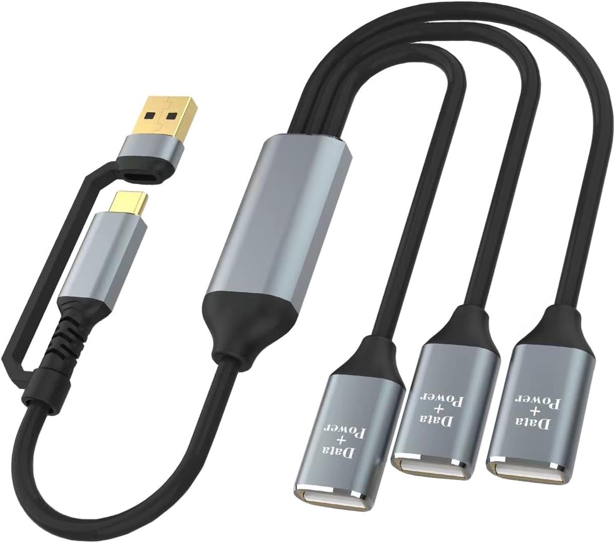 USB Splitter Y-kabel 1 voet, 2-in-1 USB A en USB C expander hub, multi USB-poort extender, extra multiport gegevenslader splitadapter – Geschikt voor Mac MacBook, auto, Xbox One Series X/S, USB-stick, HDD, laptop