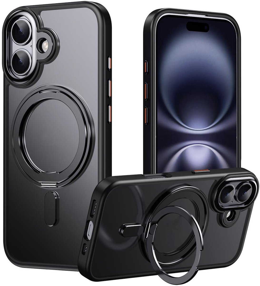 Mobigear Hoesje geschikt voor Apple iPhone 17 MagSafe Telefoonhoesje Hardcase | Mobigear Frosted Mag Backcover met Standaard | Geschikt voor MagSafe | Geschikt voor Draadloos Opladen met Magnetische Ring | Geschikt voor MagSafe Case - Zwart