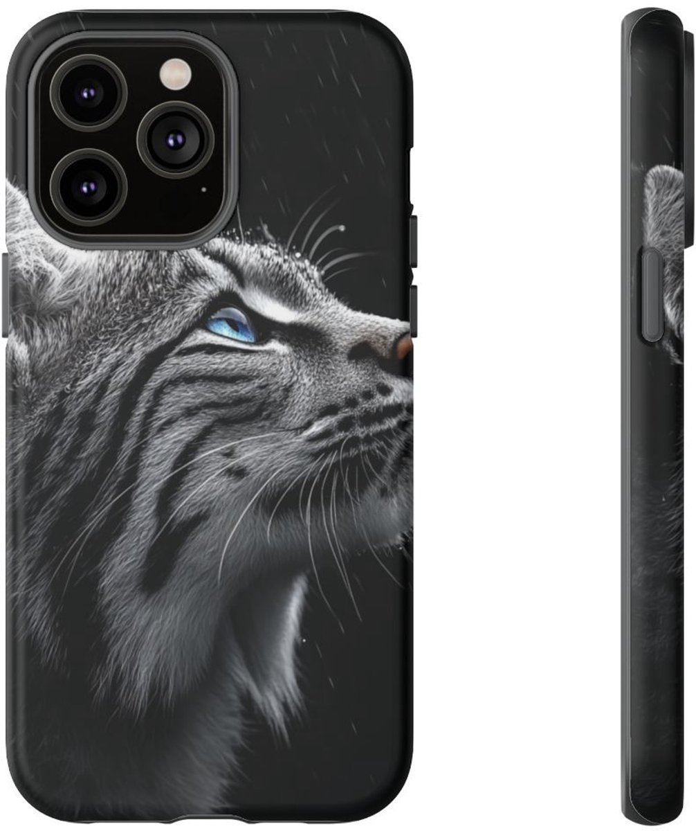Zwart-Witte Lynx met Blauwe Ogen – Telefoonhoesje Geschikt voor iPhone 14 Pro Max