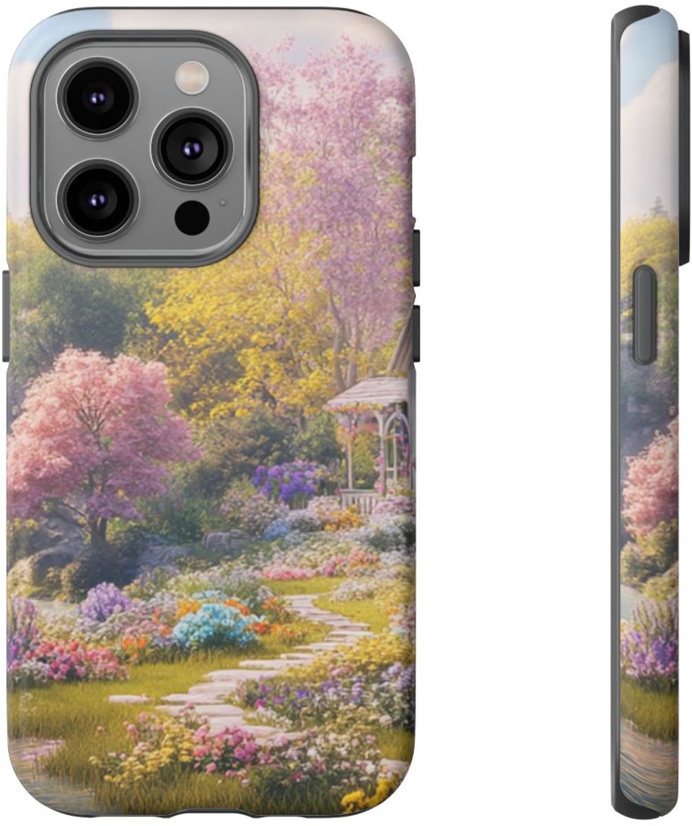 Sprookjesachtige Bloementuin met Waterval – Telefoonhoesje Geschikt voor iPhone 14 Pro