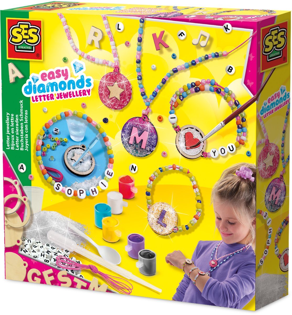 SES Creative - Hobby Pink - Easy Diamonds Letter Sieraden - Knutselen Meisjes - Sieraden maken - Incl. 6 Kleuren Verf - Vanaf 6 jaar