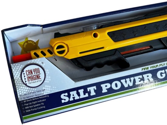 Gele en zwarte 'Salt Power Gun' met oranje punt in de verpakking.