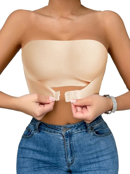 Strapless BH - Bandeau BH - Met Zijsluiting - Naadloos - Met Uitneembare Vulling - Pushup BH - Beige - Maat M