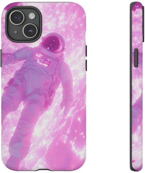Astronaut Drijvend bij Gloeiend Roze Plasma – Telefoonhoesje Geschikt voor iPhone 15 Plus