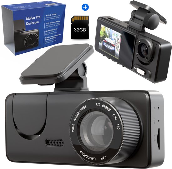Dashcam Auto 3-Kanaals – Voor-, Binnen- & Achtercamera – Wifi – Incl. 32GB SD – Malya Pro