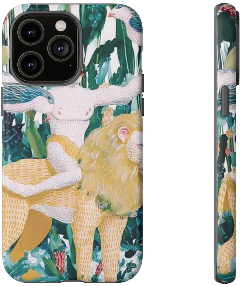 Surrealistische Man met Vogels op Leeuw – Telefoonhoesje Geschikt voor iPhone 14 Pro Max