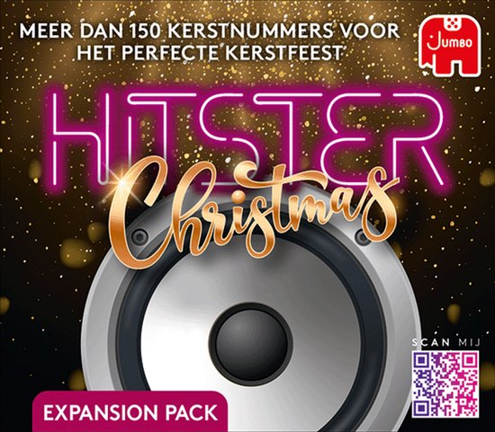 Doos van Hitster Christmas uitbreidingsset met Jumbo logo, gouden letters, luidspreker en QR-code. Meer dan 150 kerstnummers.