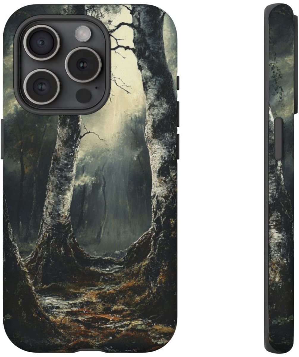 Donker Berkenbos met Hemels Licht – Telefoonhoesje Geschikt voor iPhone 15 Pro