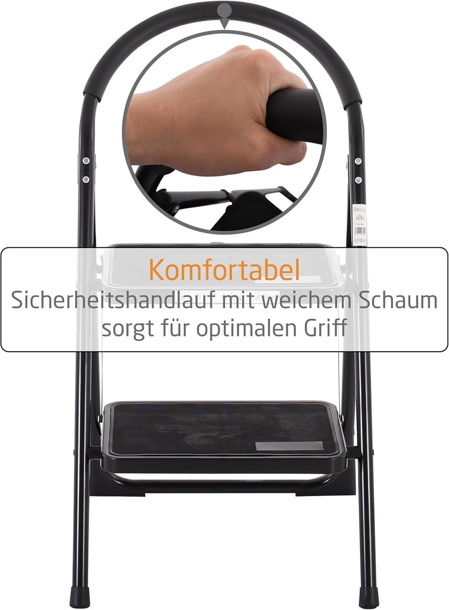 IBBO Shop – Stalen trapladder – Inklapbare trapladder – 2 treden ladder – Antislip trapladder – Huishoudtrap – Compacte trapladder – Stabiele ladder – Zwart – foto 2
