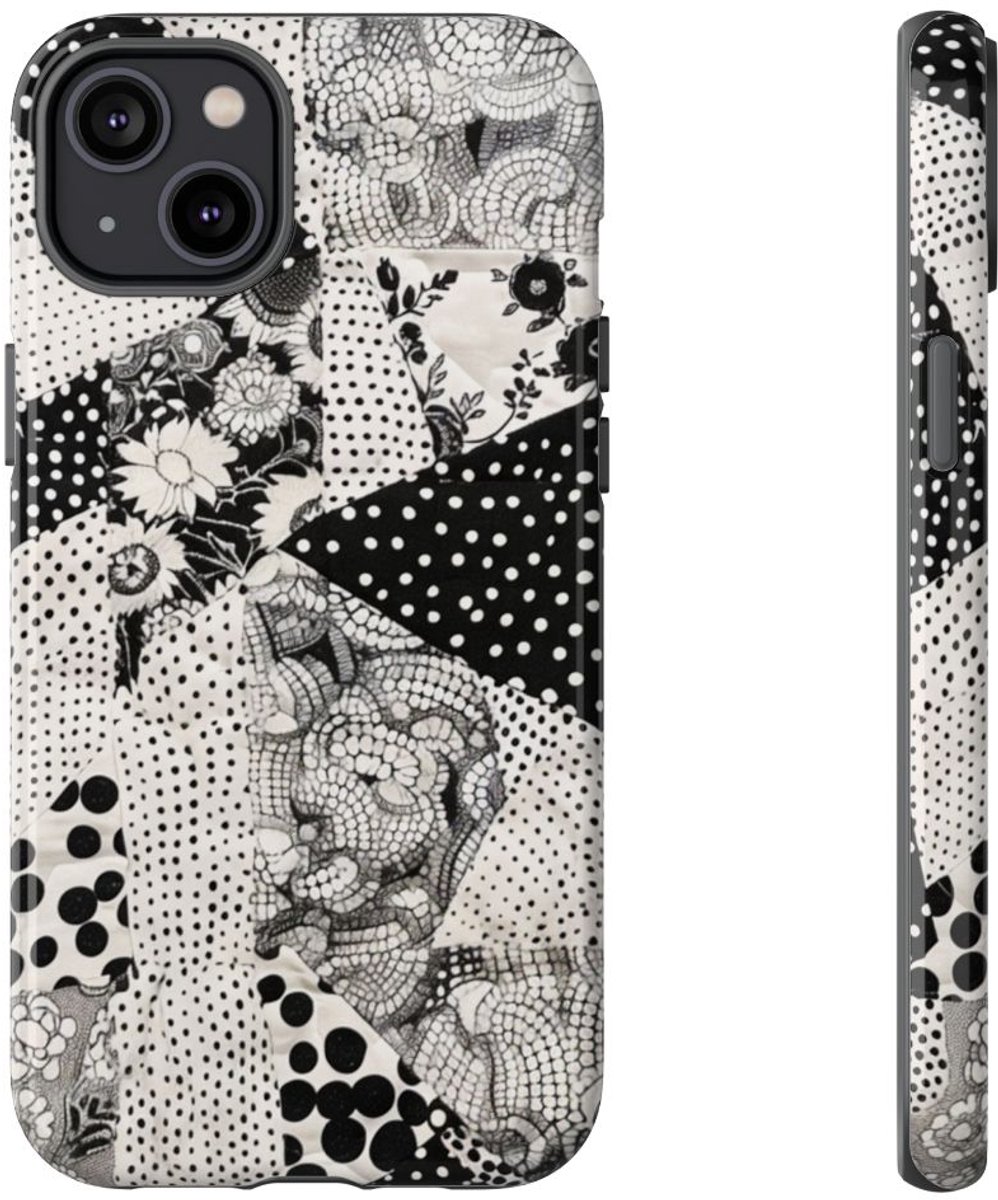 Zwart-Wit Patchwork met Bloemen en Stippen – Telefoonhoesje Geschikt voor iPhone 14 Plus