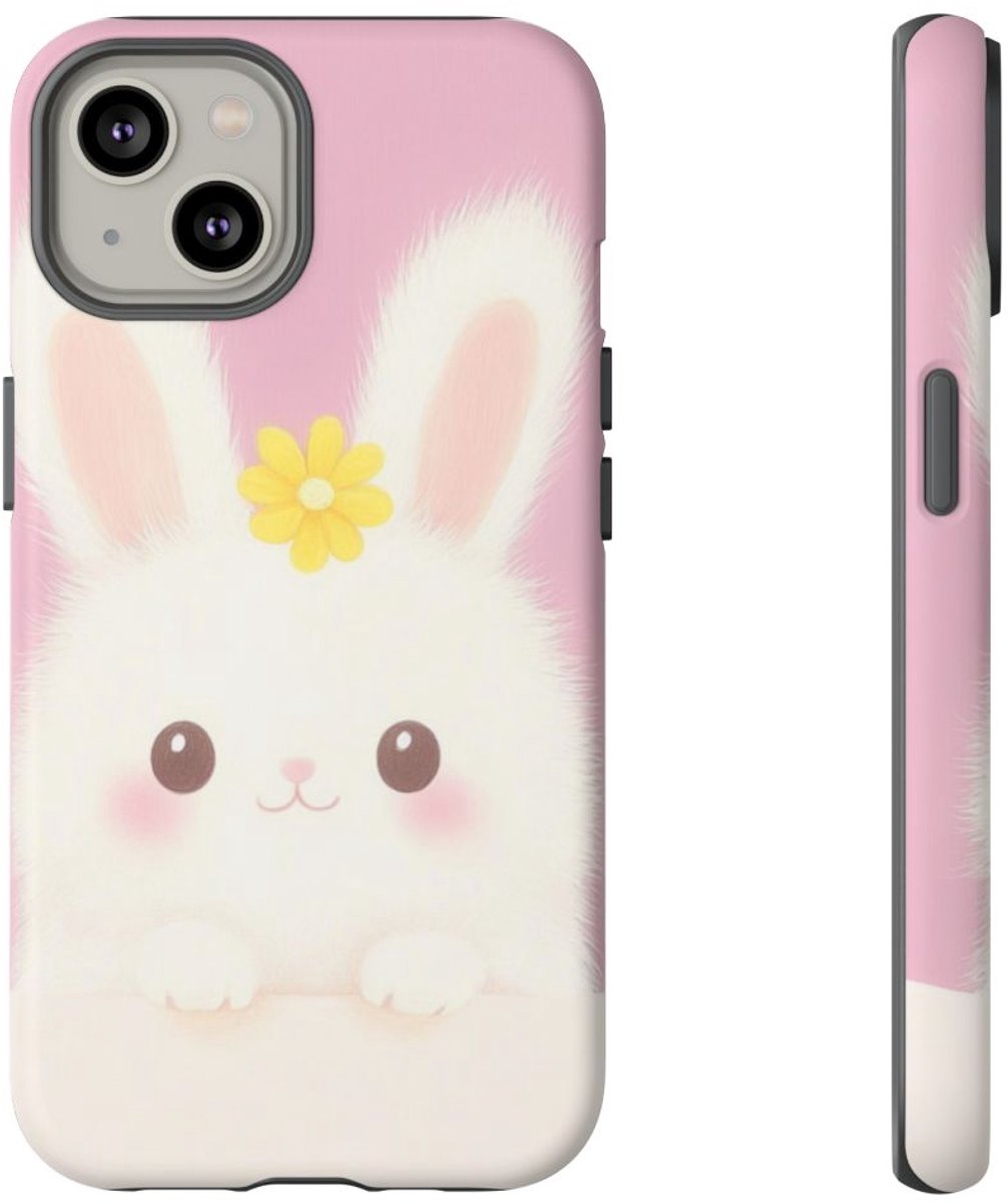 Schattig Wit Konijntje met Gele Bloem – Telefoonhoesje Geschikt voor iPhone 14