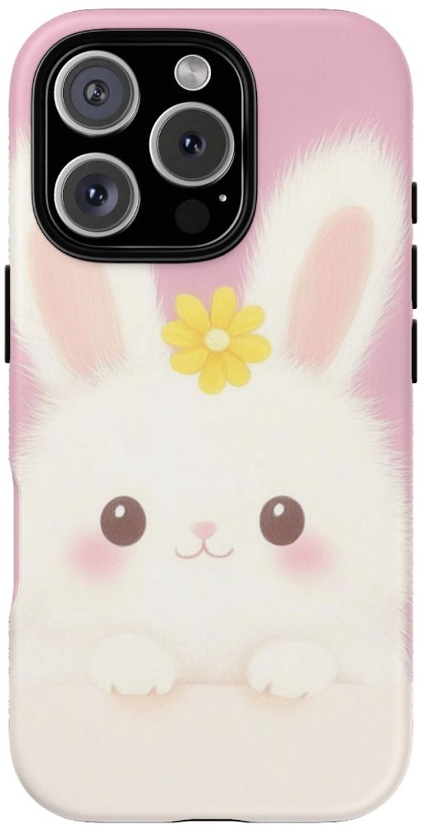 Schattig Wit Konijntje met Gele Bloem – Telefoonhoesje Geschikt voor iPhone 16 Pro