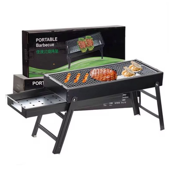 Opvouwbare Houtskool Barbecue – Draagbare Rechthoekige BBQ Grill – Voor Camping, Tuin, Picknick of Terras – Ultralicht Metaal – Zwart – 60x22x32 cm