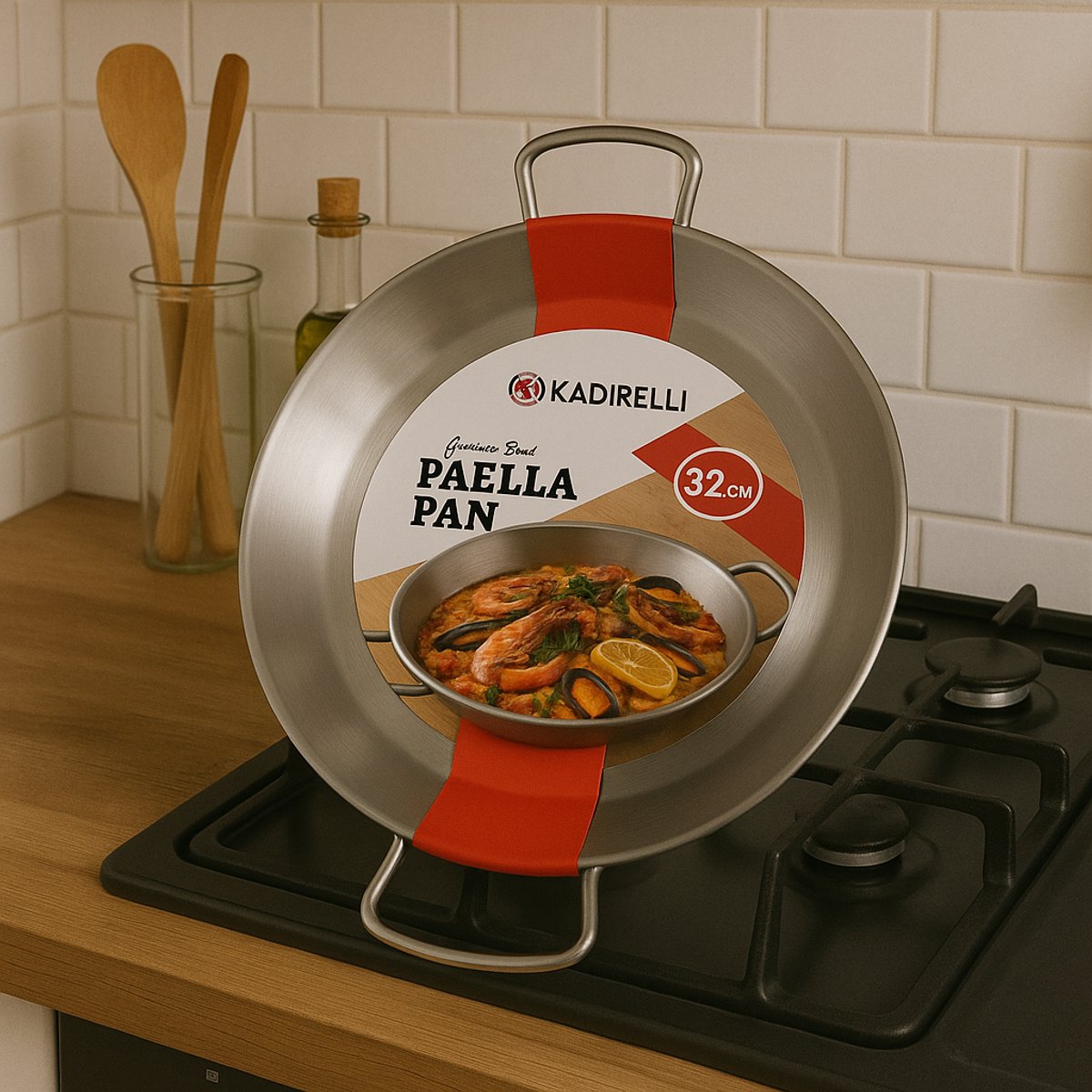 Kadirelli Paella Pan – 32 cm – RVS – Stalen Paellapan met Handgrepen