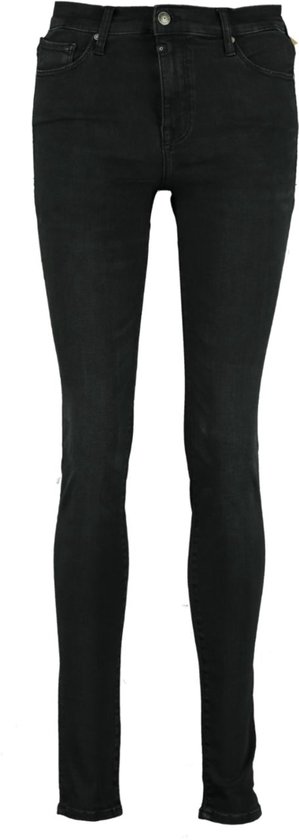 Zwarte skinny jeans met knoopsluiting en riemlussen aan de voorzijde.