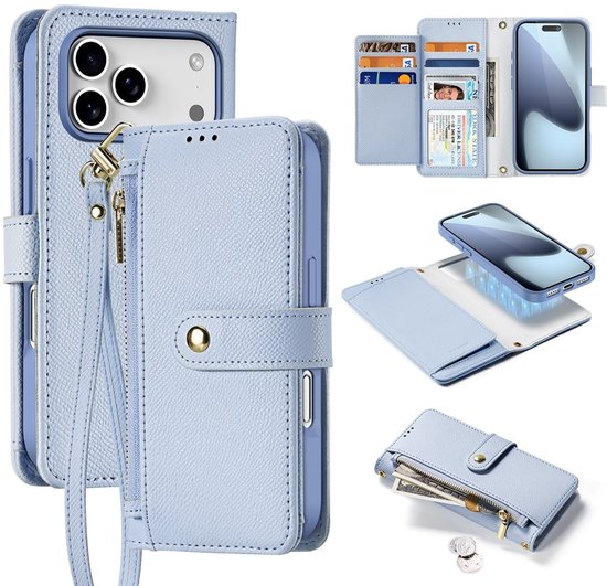 Étui Dux Ducis - Compatible avec iPhone 17 Pro Max - Dux Ducis Lawa - Portefeuille et coque arrière 2 en 1 en cuir véritable - Compatible MagSafe - Blauw