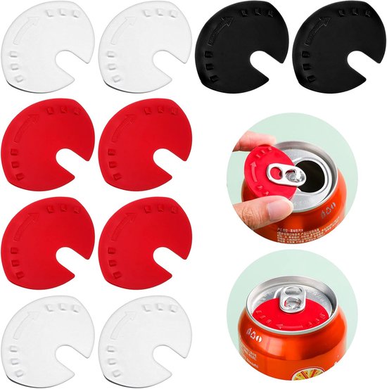 Ensemble de fermetures de canettes blanches, noires et rouges, avec des images montrant comment placer la fermeture sur une canette.