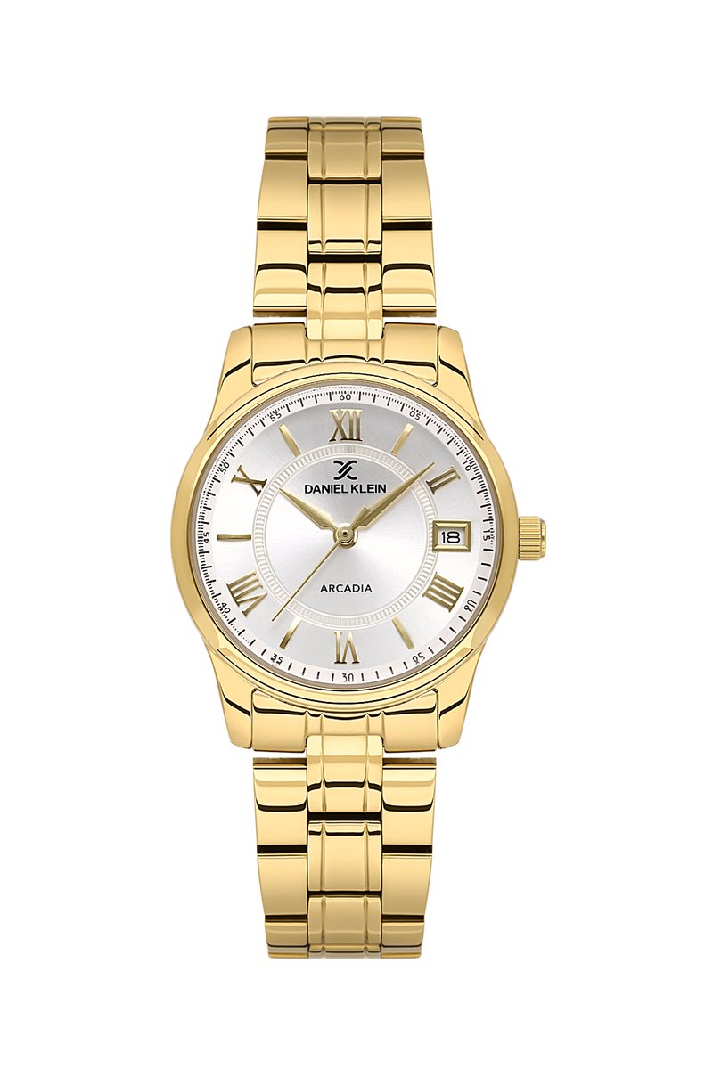 Daniel Klein DK.6.14049-5- Horloge - Polshorloge - Analoog - Dames - Vrouwen- Rond - Stalen band - Metaal - Datumaanduiding - Streepjes - Romeinse cijfers - Goudkleurig - Wit - Zwart