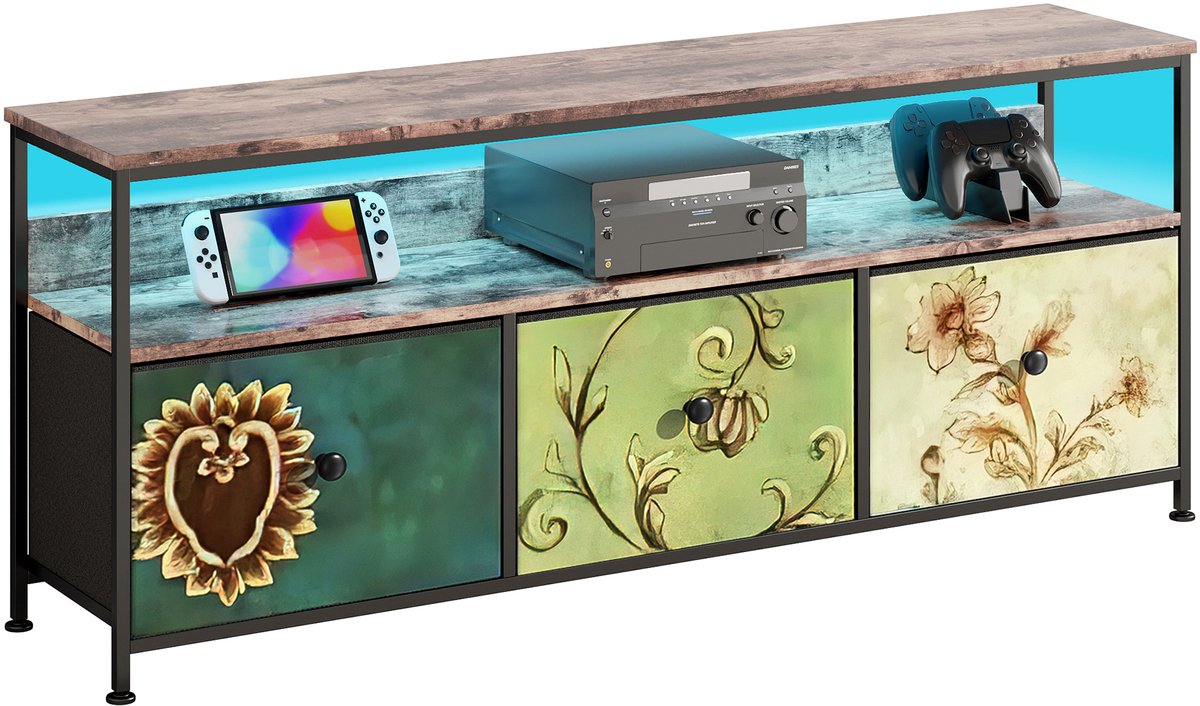 LED TV-standaard met 3 laden, Kleine TV-kast met opbergruimte, TV-bankje, Tv meubel, Stoffen ladekast voor de woonkamer Slaapkamer Hal Rustiek, 108x30x57cm, Gekleurd