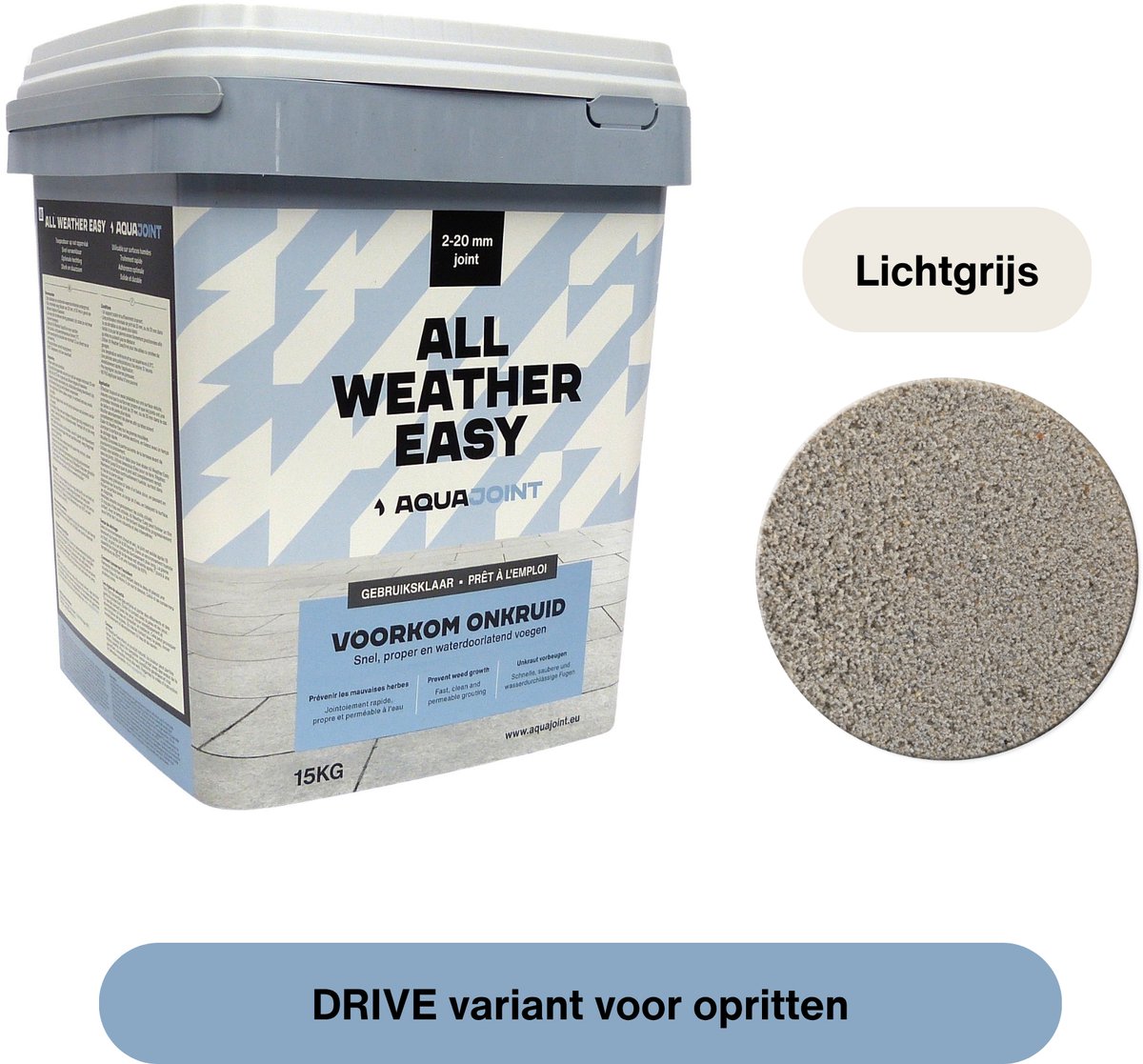 Aquajoint All Weather Easy DRIVE Lichtgrijs 15kg – Waterdoorlatende voegmortel voor Oprit conform SB250 – Gebruiksklaar voor 2,5–40 mm Voegbreedte