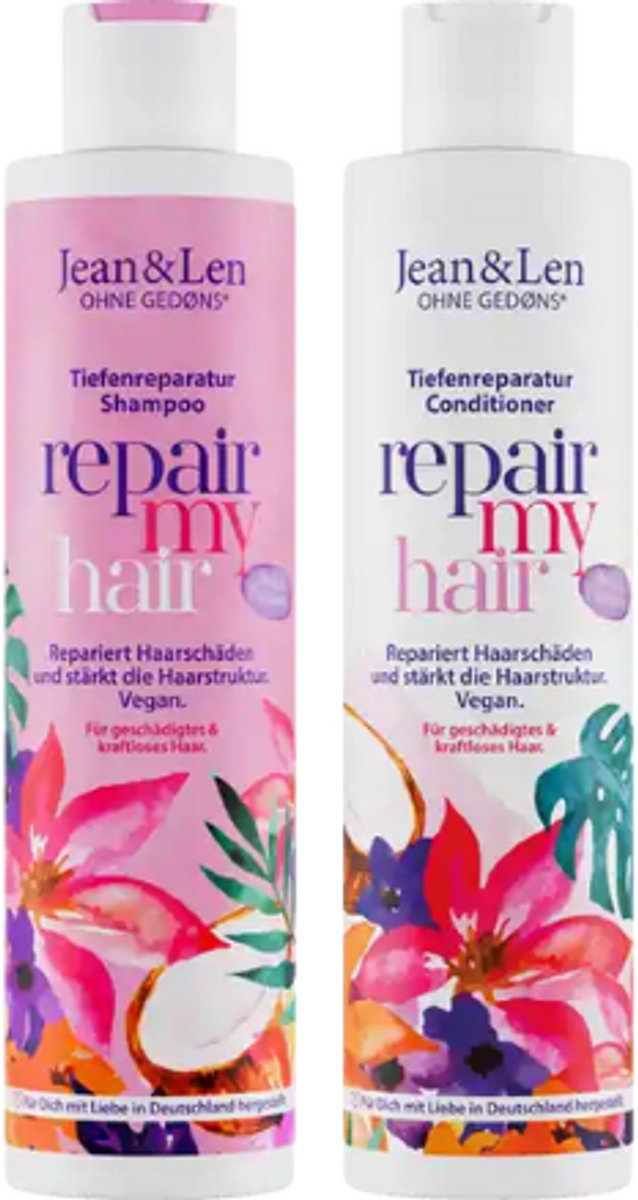 Jean & Len Repair Shampoo + Conditioner Kokosolie & Macademia | 2x 300ml - Combi-verpakking | Vegan Repair Haarshampoo & Conditioner