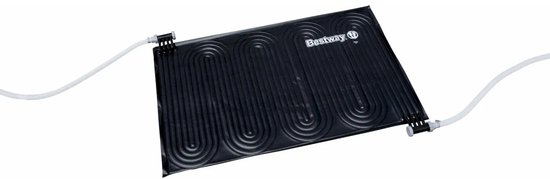 Zwarte Bestway Flowclear zonne-verwarmingsmat met kronkelige leidingen en witte slangkoppelingen.