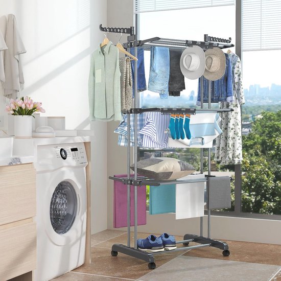 Fabulcozy Opvouwbaar droogrek met wieltjes, 4 niveaus, voor binnen en Fabulcozy Opvouwbaar droogrek met wieltjes, 4 niveaus, voor binnen en