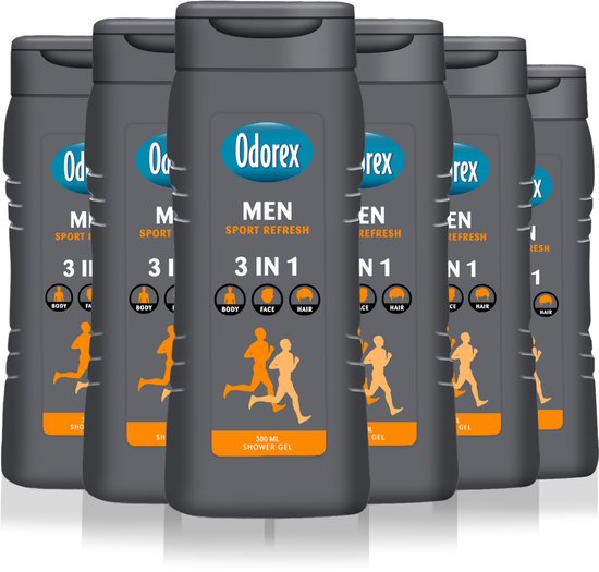 Voordeelverpakking van Odorx Men Sport Refresh 3-in-1 douchegel in donkergrijze flessen. Met icoontjes voor lichaam, gezicht, haar en rennende figuren.