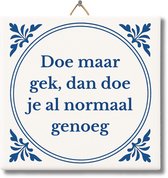 Keramische tegel met blauwe bloemenrand en de tekst "Doe maar gek, dan doe je al normaal genoeg".