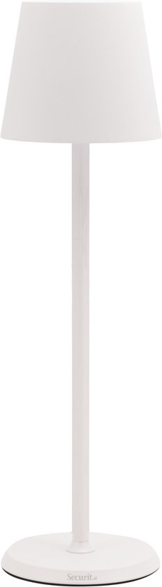 Une lampe de table Securit Feline blanche avec un abat-jour blanc et une base ronde.