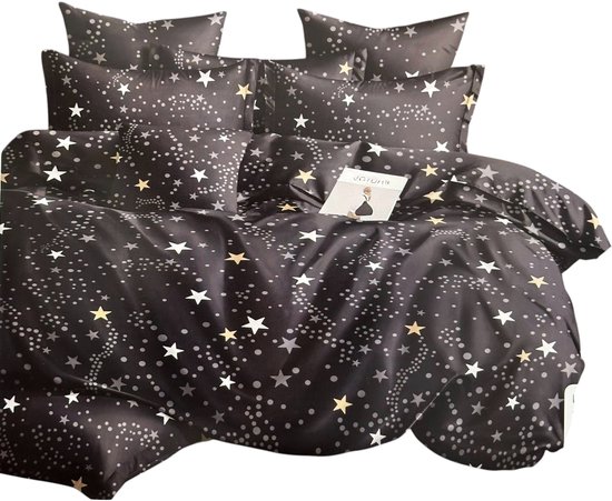 Glow Thuis Dekbedovertrek – Sterrenhemel – 200×220 Tweepersoons – Inclusief 2 Kussenslopen – Zwart/Grijs/Goud