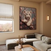 FineArtia - Speelse tijger in bloesemtak - Canvas Schilderij - 100 x 150 cm - Woonkamer Decoratie - Blauw;Roze;Zilver - Slaapkamer Schilderij - Wanddecoratie