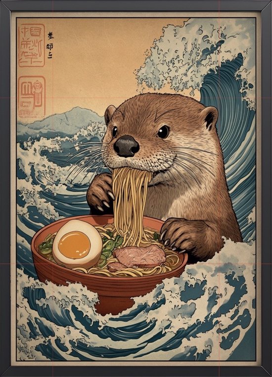 Affiche encadrée « Fenêtres des fenêtres avec une loutre » – 30 x 45 cm avec cadre | Style artistique japonais et humour animalier – Décoration murale unique pour Cuisine ou salle à manger