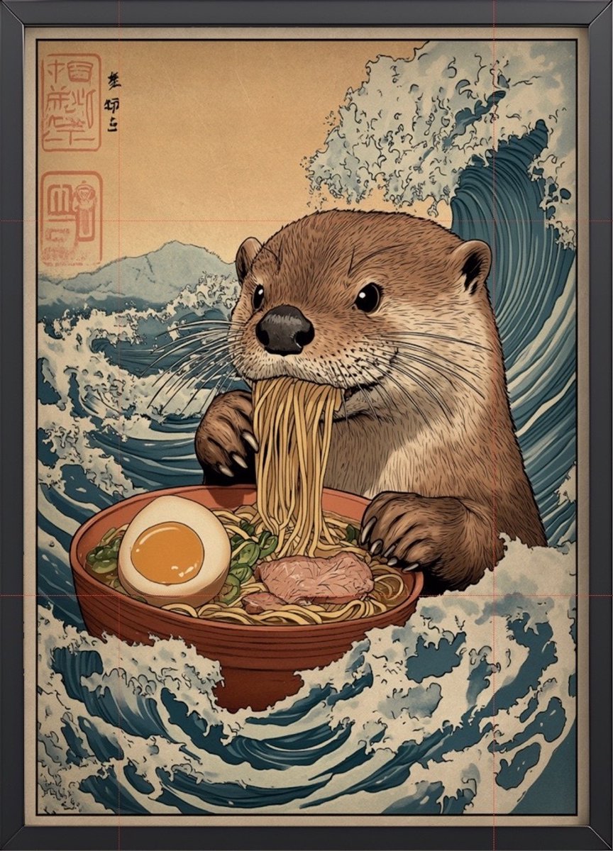 Ramen Eten met Otter Poster Ingelijst– 30x45 cm met Lijst | Japanse Kunststijl & Dierenhumor – Unieke Wanddecoratie voor Keuken of Eetkamer