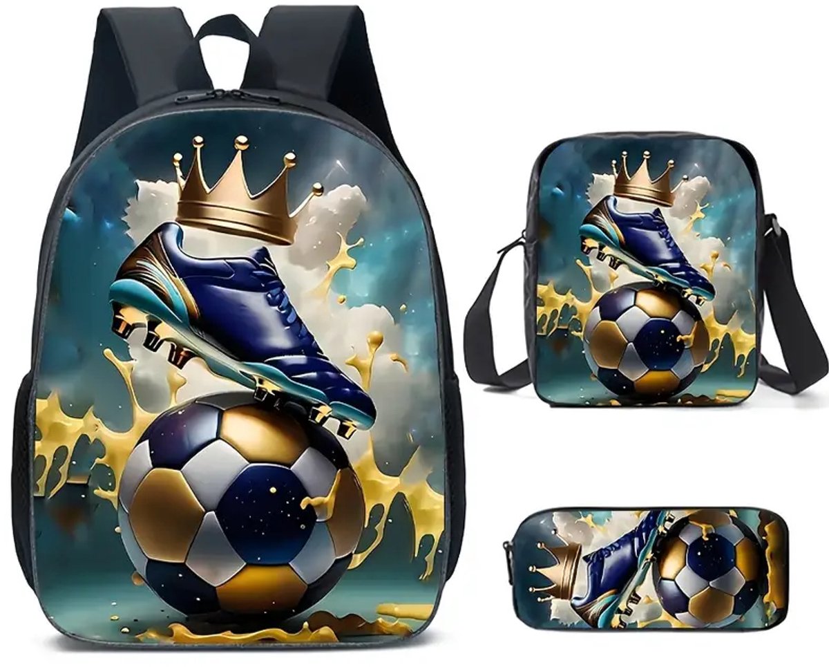 Voetbalschoen Rugzak set met etui en koeltas | Voetbalpatroon Rugtas | Voetbal met Kroon Rugzak | Rugzak Meisje | Rugzak Jongens | Mooie rugzakken met Voetbal | 15 liter | Kinder Rugzak voetbalset
