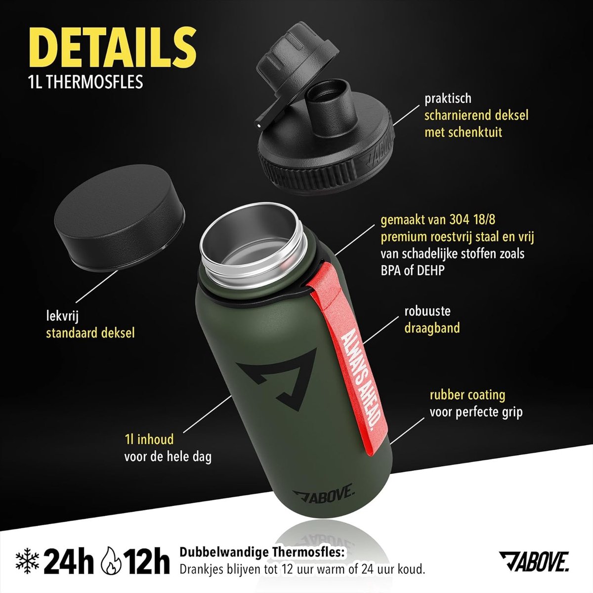 ABOVE. Drinkfles Roestvrij Staal 1L I Extra Drinkdop I Dubbelwandige Thermosfles houdt tot 12H Warm & 24H Koud I 100% BPA Vrij I Robuust en Lekvrij voor Fitness, Sport & Outdoor (Olijf-Rood) thumbnail 3